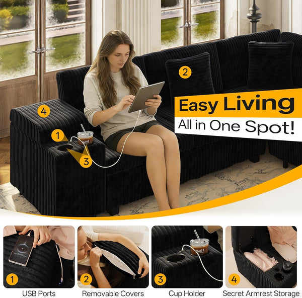 110" L-Shaped Oversized Plush Corduroy Modular Sectional Sofa with Pull-Out Bed, Convertible 6-Seater Sleeper Couch Bed with 1 Ottomans & USB & Cup Holders, Easy Assembly, for Living Room, Black6