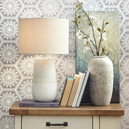Signature Design by Ashley Shavon Ceramic Table Lamp, 26", 3-Way Switch | Textured Neutral Glazed Base, Beige and White Finish, Fabric Drum Shade, Versatile 3-Way Switch, Living Room Use2