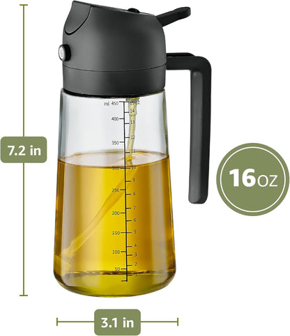 16 Oz Glass Olive Oil Sprayer for Cooking, Oil Dispenser, Black | Glass 2-In-1 Olive Oil Dispenser Bottle, Oil Dispenser for Kitchen, Oil Spray Bottle, Mist or Stream, Anti-Drip Spout, Salads3