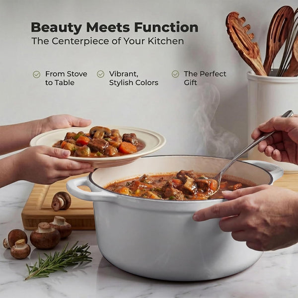 6.4QT Enameled Cast Iron Dutch Oven Pot with Lid, Heavy-Duty Soup Pot for Stews, Braising, Roasting & Sourdough Bread Baking, Oven Safe up to 500°F - White7