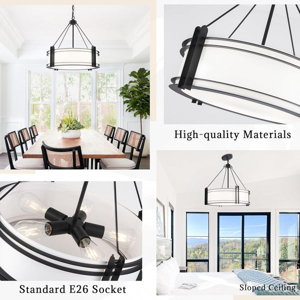 20.4'' Black Drum Chandelier with White Linen Fabric Shade5