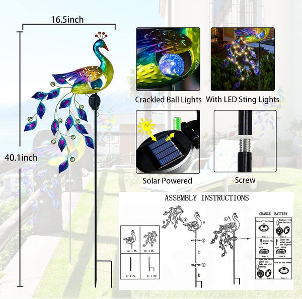 Peacock Solar Lights Outdoor Crackle Glass LED Lawn Patio Decor6