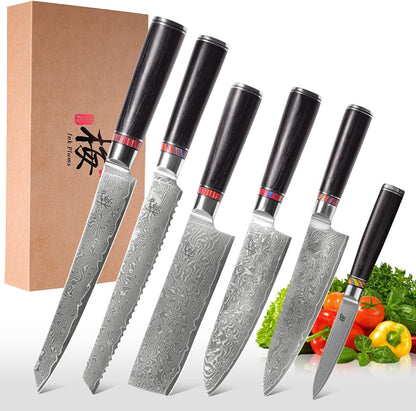 Damascus Steel Kitchen Knife Set, 6 Pieces, Chef'S, Santoku, Bread Knife, Paring Knife & More, Ultra Sharp for Very Fast Cutting, with Gift Box1