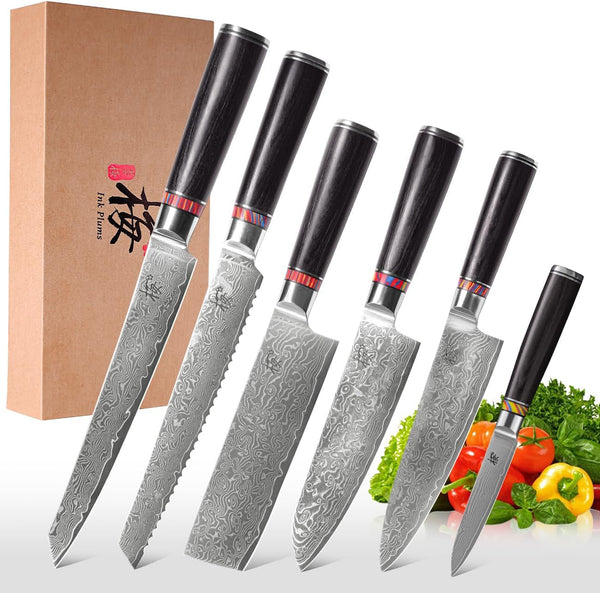 Damascus Steel Kitchen Knife Set, 6 Pieces, Chef'S, Santoku, Bread Knife, Paring Knife & More, Ultra Sharp for Very Fast Cutting, with Gift Box1