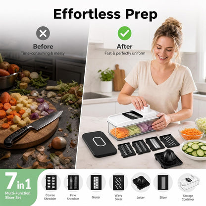 7-In-1 Mandoline Vegetable Slicer, Multi-Purpose Food Chopper & Grater with 5 Interchangeable Blades, Adjustable Julienne Cutter with Container & Safety Guard, Kitchen Gadget for Meal Prep4