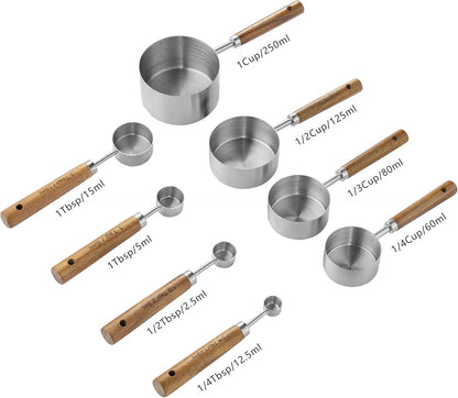 Measuring Cups and Spoons Set, Stainless Steel Metal Measuring Cups with Wooden Handles, Great for Dry and Liquid Ingredients, Engraved Metric Markings, Nesting Design for Baking2