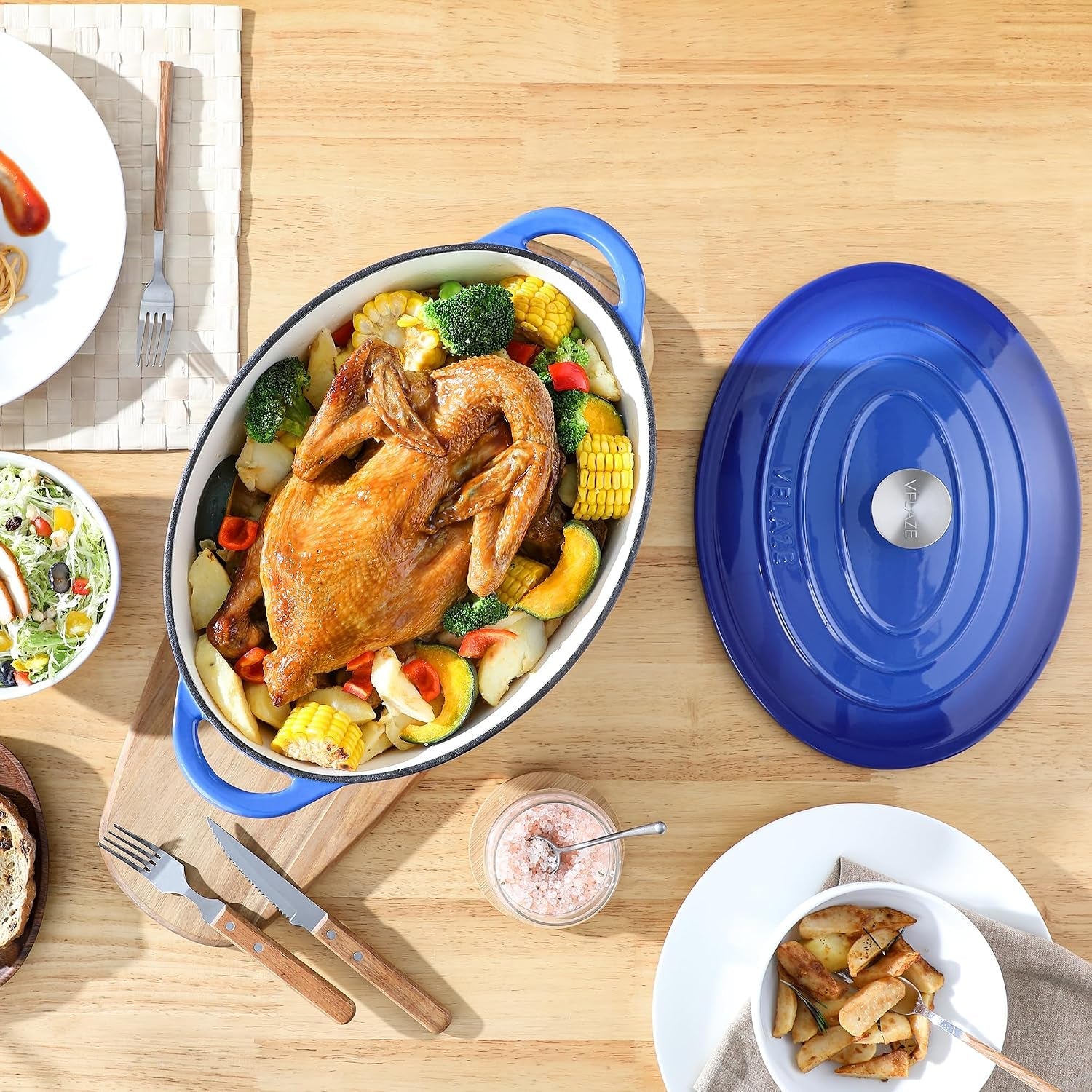 7-5-qt-oval-enameled-cast-iron-dutch-oven-pot-with-lid-blue-whole-chicken-friendly-for-cooking-frying-stewing-bread-baking-and-roasting-oven-safe-dual-handles-non-stick-coating
