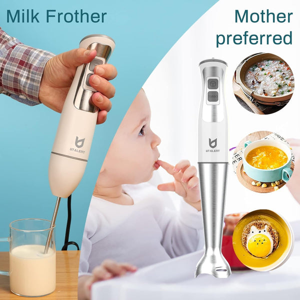 Immersion Hand Blender with Chopper - Puree Baby Food, Sauce & Soup | 8-Speed, Pure Copper Winding Motor, 5.2 Feet Power Cord, 4-Point Ice Crush Blade, 500Ml Chopper, 600Ml Vessel, Whisk, Frother4