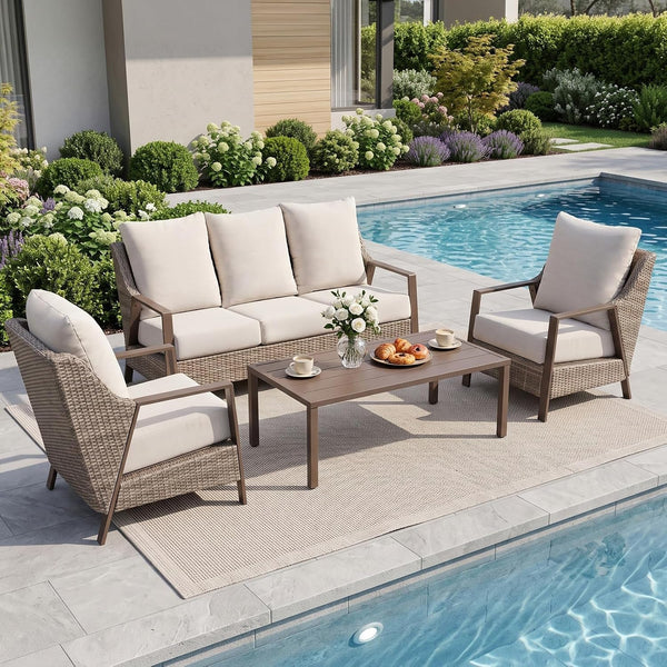 4 Piece Outdoor Patio Furniture Set, All Weather Wicker Conversation Set with 6" Thick Cushions, High Back Deep Seating Sofa & Armchairs, Outdoor Couch Set with Coffee Table for Backyard, Balcony1