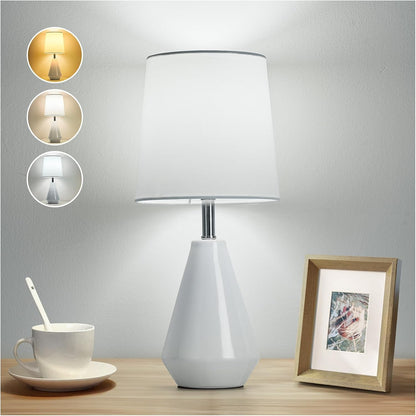 Small Bedside Table Lamp for Bedroom - Reading Desk Lamp with 3 Color Temperatures，15.5" Nightstand Ceramic Lamp with Fabric Shade for Kids Room,Living Room,Dorm,Home Office (White)1