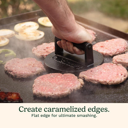Smash Burger Press, Cast Iron, 6.5" round Burger Smasher | Hamburger Press with round Flat Edge for Crispy Carmelization, the Go-To Grill Press for Indoor and Outdoor Cooking, CISB-1114