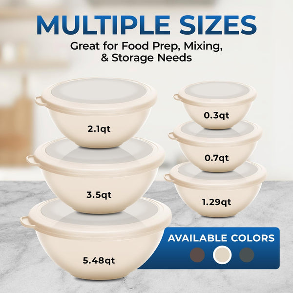 Bakken Master 12 Piece Plastic Nesting Bowls with Lids - Mixing Bowls Set Includes 6 Prep Bowls and 6 Lids, Bpa-Free, Reusable Meal Prep Containers, Microwave, Freezer & Dishwasher Safe, White Cream6