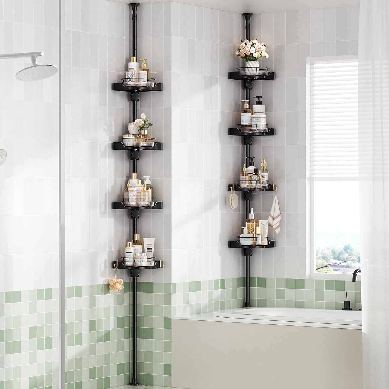 360-rotating-shower-caddy-tension-pole-with-4-tier-rustproof-lazy-susan-35-128-inch-no-drilling-coner-shelves-adjustable-shower-rack-for-bathroom-bathtub-washbasin-plant-storage-black