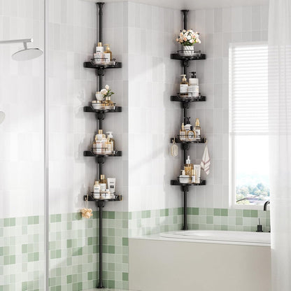 360° Rotating Shower Caddy Tension Pole with 4-Tier Rustproof Lazy Susan 35-128 Inch No Drilling Coner Shelves Adjustable Shower Rack for Bathroom Bathtub Washbasin Plant Storage (Black)2