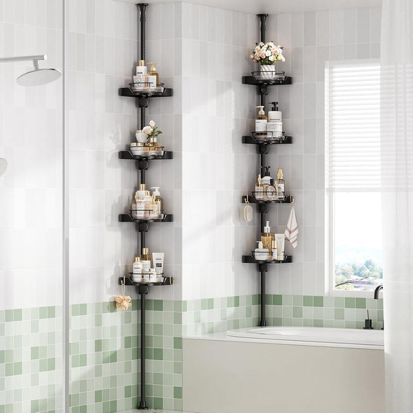 360° Rotating Shower Caddy Tension Pole with 4-Tier Rustproof Lazy Susan 35-128 Inch No Drilling Coner Shelves Adjustable Shower Rack for Bathroom Bathtub Washbasin Plant Storage (Black)2