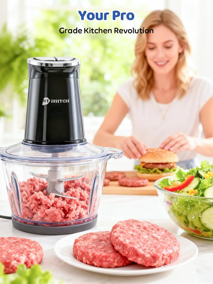 IRIITCH Food Processor with LED Timer, 800W Electric Chopper | 2 Bowls (12-Cups Glass Bowl+12 Cups Stainless Steel Bowl), 2 Set 6 Bi-Level S-Blades4