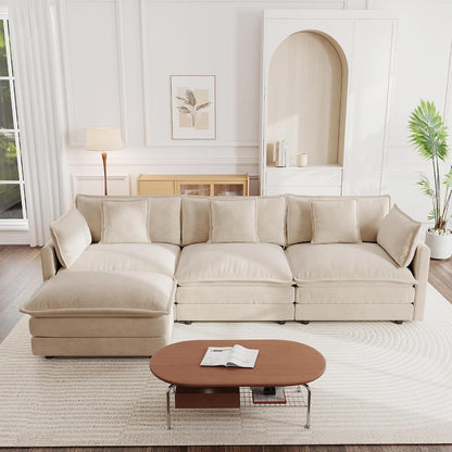 Modular Sectional Sofa, 111.5 Inch L Shaped Couch Set for Living Room, 3-Seater Comfy Cloud Couches with Movable Ottoman, DIY Combination, Chenille, Light Coffee9