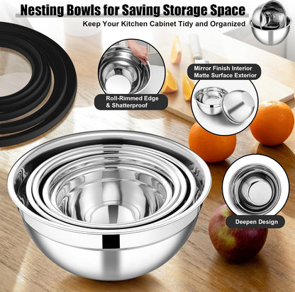 Mixing Bowls, Stainless Steel Salad Mixing Bowl with Lid & Grater Set4