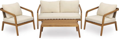 4-Piece Outdoor Patio Furniture Set, Acacia Wood Conversation Set with PE Wicker Backrest & Comfort Cushions for Backyard, Garden & Poolside7