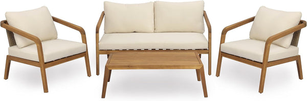 4-Piece Outdoor Patio Furniture Set, Acacia Wood Conversation Set with PE Wicker Backrest & Comfort Cushions for Backyard, Garden & Poolside7