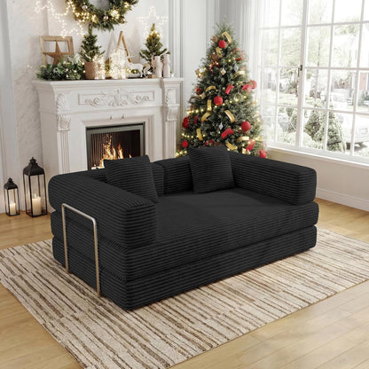 59 Inch Convertible Sofas Bed, 5-In-1 Futon Sofa Pull Out Sleeper Couch, Boneless Couches for Living Room, Corduroy Floor Compression Loveseat for Bedroom, Apartment, No Assembly, Black, 2 Seat1