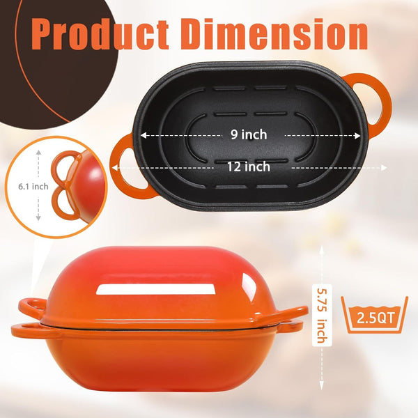 2.5 QT Enameled Cast Iron Sourdough Bread Oven, Loaf Pan with Lid | Oval Dutch Oven for Homemade Sourdough Bread Baking, Oven Safe up to 500°F, Meatloaf Pan with Dome Lid, Orange2