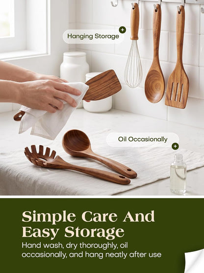 Nonstick Wooden Utensil Set for Cooking, Handmade Smooth Finish Teak Wood Spoons Spatula Turner for Cooking and Kitchen Gifts (7Pcs)6