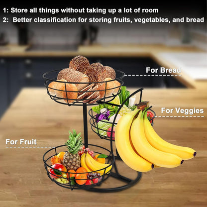Fruit Basket Bowl with Banana Hanger, Fruit Vegetable Storage Basket with Banana Tree Holder for Kitchen Counter, Detachable Organizer for Bread Snack Produce (Black, 3-Tier Metal Base)4