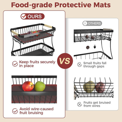 2-Tier Fruit Basket with Banana Hangers, Detachable Metal Bowl | Wooden Handle, Protective Mats Included. Versatile Holder for Bread, Snacks, and Veggies. Large 2 Tier Metal Design.5