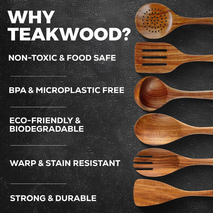 Extra-Large 6-Piece Wooden Spoon Set - Smooth Teak Cooking Utensils - Comfort-Grip Non-Stick Turner, Spatula, Skimmer, Fork, Serving Spoon4