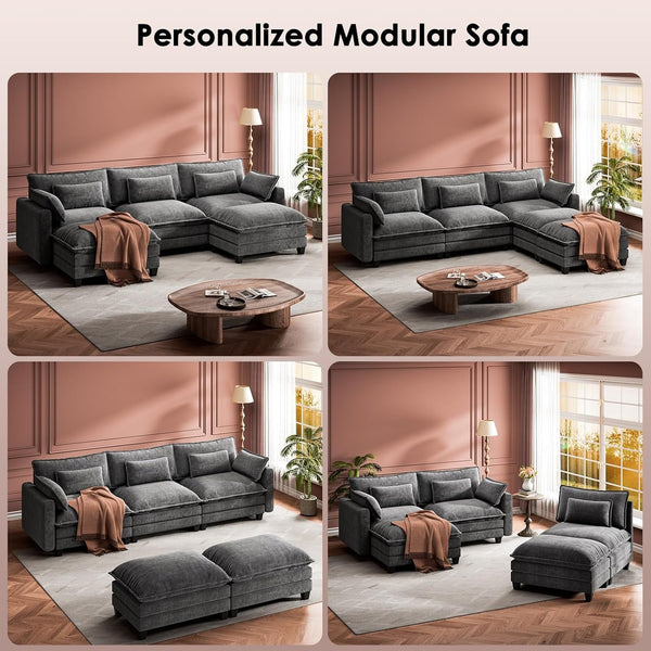 Modular Sectional Sofa 110.6" U-Shaped Modern Comfy Cloud Couch, 5-Seat Chenille Deep Seat Sofa with Throw Pillow & Movable Ottoman for Living Room, Bedroom and Apartment, Slate Gray6