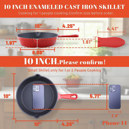 Enameled Cast Iron Skillet 10Inch with Pour Spouts for Searing Baking Grilling and Roasting,10" Frying Pan Cookware with Silicone Handel Cover,Durable Oven Safe Pan,Stove Campfire Use(Red)2