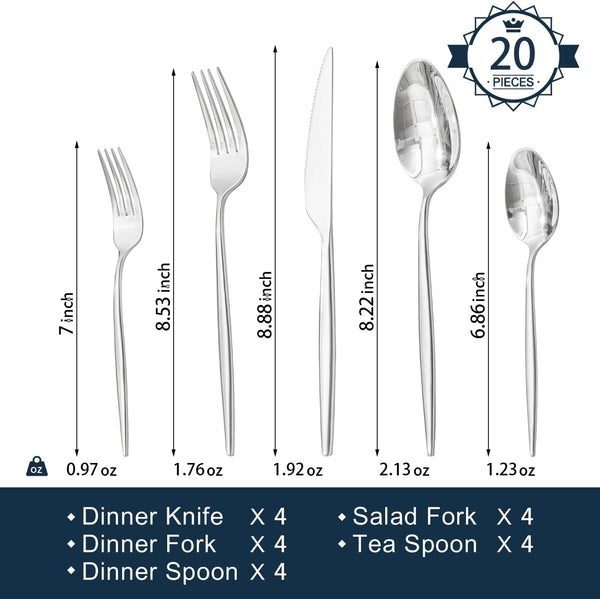 18/10 Silverware Set for 4, 20 Piece Stainless Steel Flatware Cutlery Set |  Mirror Polished Forks Knives Spoons Utensils, Tableware for Home Kitchen Restaurant Wedding, Dishwasher Safe2