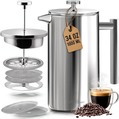 304 Grade Stainless Steel French Press 34 Oz, Silver | Double Wall Insulated Coffee Press with 4-Level Filtration System, Include 2 Extra Filters, Rust-Free, Dishwasher Safe1