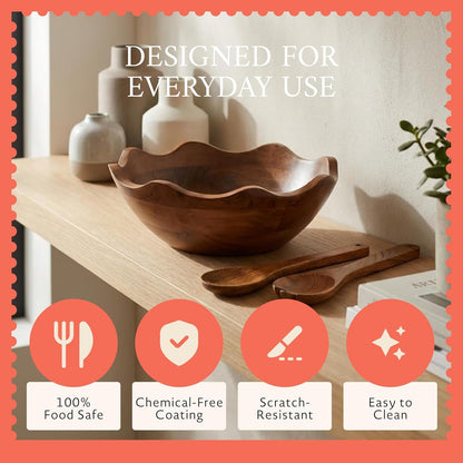 Premium Scalloped Acacia Bowl with Servers - Natural, 12In W X 4In H5