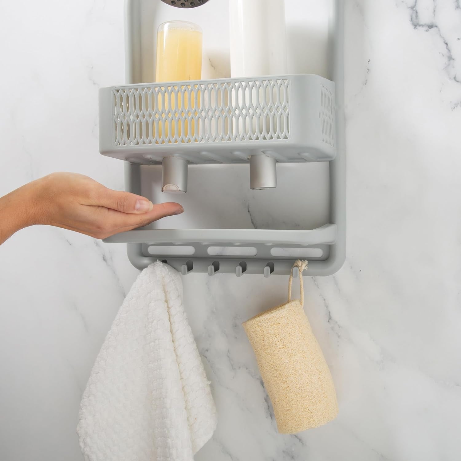 molded-shower-caddy-bathroom-storage-hangs-over-shower-head-6-accessory-hooks-holds-razors-washcloths-accessories-suction-cup-stability-grey