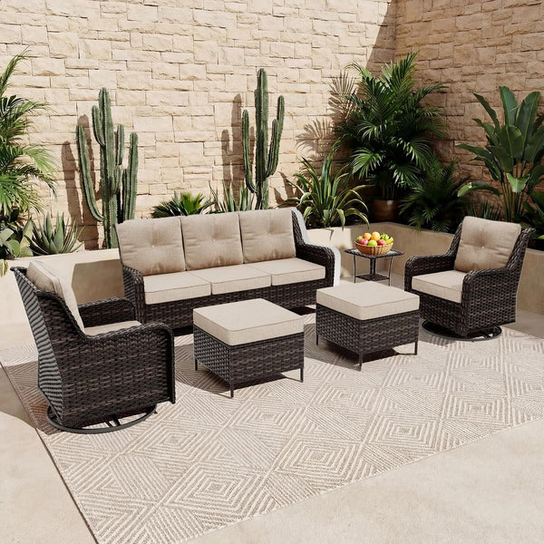 Outdoor Patio Furniture Set,6 Pieces 7 Seats Outdoor Sectional Furniture All Weather Thick PE Rattan Wicker Patio Conversation Set with Ottoman,Swivel Rocking Chairs Set,Sand6