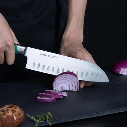 Santoku Knife 7 Inch Meat Kitchen Chef Knife with Premium Gift Box, Vegetables Knives High Carbon Stainless Steel Sharp Knife with Ergonomic Green Handle, Christmas Gifts for Women and Men5