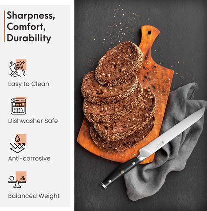 8-Inch Bread Knife – Serrated High Carbon German Stainless Steel Blade for Bread, Bagels & Pastries – Ergonomic Handle, Rust-Resistant, Ultra-Sharp Edge – Ideal for Home Bakers and Chefs.6