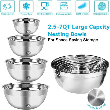 Hand Mixer Electric Mixing Bowls Set, 5 Speeds Handheld Mixer with 4 Nesting Stainless Steel Mixing Bowl, Measuring Cups Spoons 200W Kitchen Blender Whisk Beater Baking Supplies for Beginner6