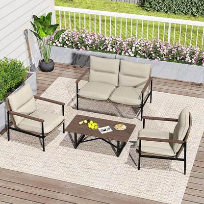 4-Piece Outdoor Furniture Set, Aluminum Patio Converation Set with Wicker Seat and Acacia Wood Armrest, Loveseat Sofa Set with Olefin Cushion and Wood Table for Garden Lawn Backyard2