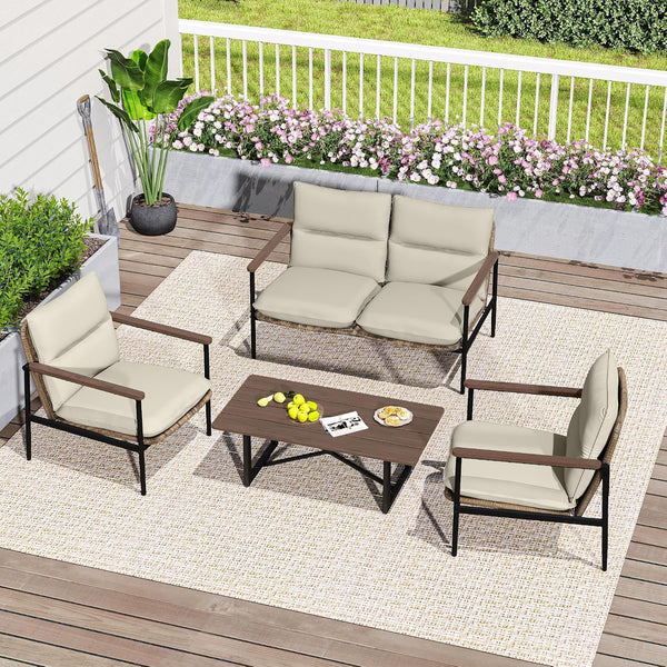 4-Piece Outdoor Furniture Set, Aluminum Patio Converation Set with Wicker Seat and Acacia Wood Armrest, Loveseat Sofa Set with Olefin Cushion and Wood Table for Garden Lawn Backyard2