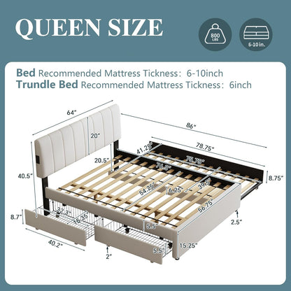 Queen Size Upholstered Platform Bed W/Trundle Bed & 2Storage Drawers2