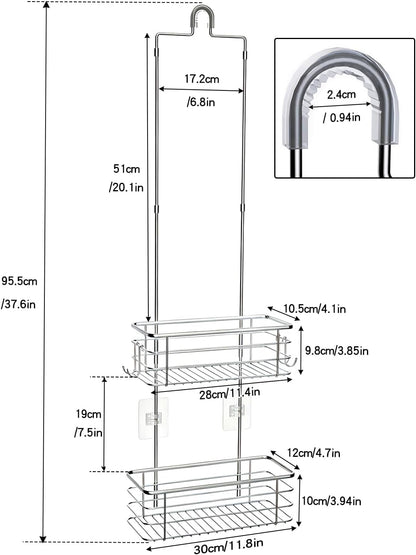 Over the Shower Head Caddy, 2-Tier Stainless Steel Hanging Organizer with Hooks, 37.6In2