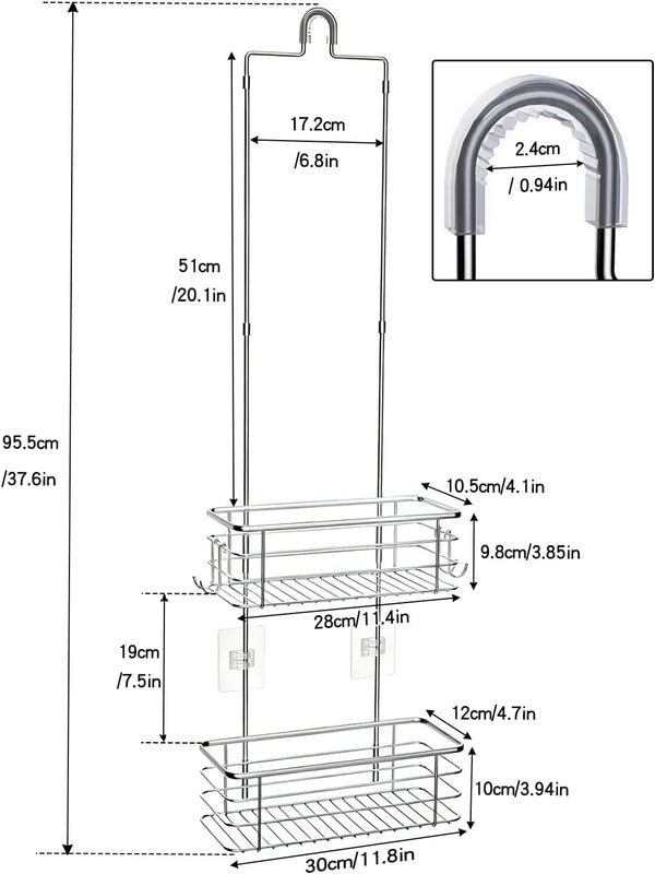 Over the Shower Head Caddy, 2-Tier Stainless Steel Hanging Organizer with Hooks, 37.6In2