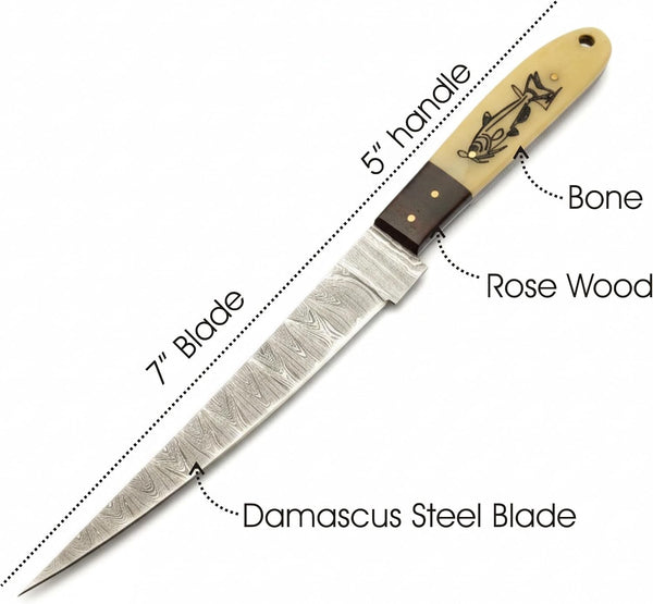 Damascus Fillet Knife - 13" Total Length, 8" Blade, 5" Camel Bone Handle with Engraved Fish Design, Includes Leather Sheath - Handcrafted Precision Knife for Fishing & Culinary Use4
