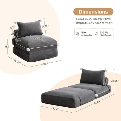 Folding Sofa Bed, Convertible Fold Out Couch Bed for Adults, Comfy Chenille Sleeper Chair with Back Support, No Wall Needed Floor Sofa Bed for Living Room Bedroom Apartment, Grey2