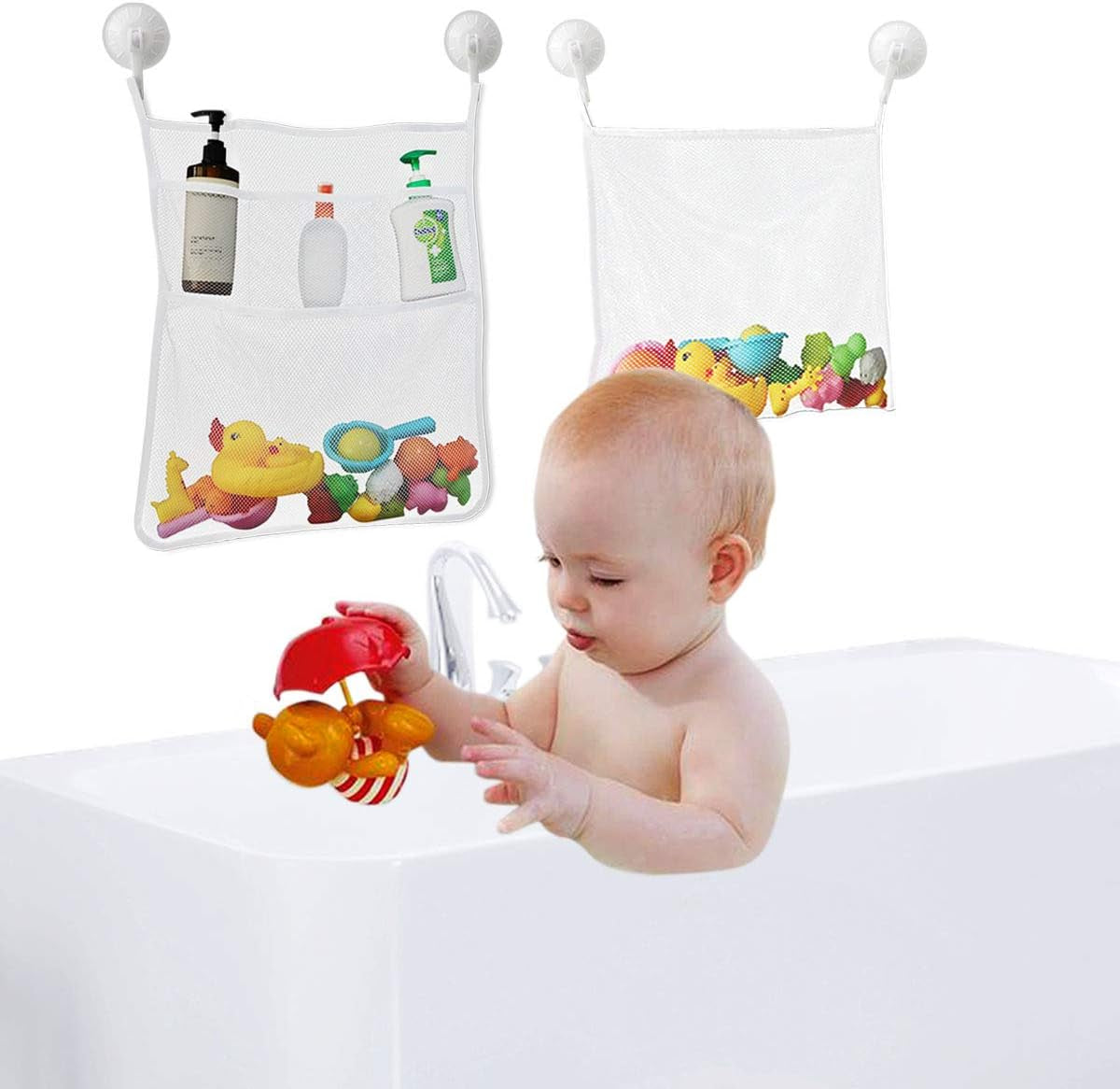 bath-toy-organizer-mesh-storage-organizer-baby-shower-toys-bathtub-net-bag-kids-quick-dry-bathtub-mesh-net-bathtub-toy-holder-2-x-bathroom-storage-bag-6-x-strong-suction-hooks-white