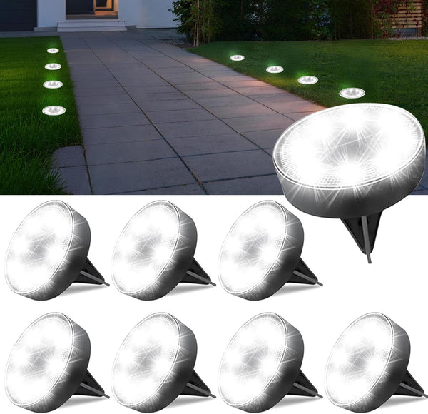 Ground Lights 8 Pack, IP68 Waterproof Solar Disc Lights for Outdoor, Flat Garden Light, In-Ground Light, Landscape Lighting for Pathway, Walkway, and Yard-8 Pcs (Cold White)1