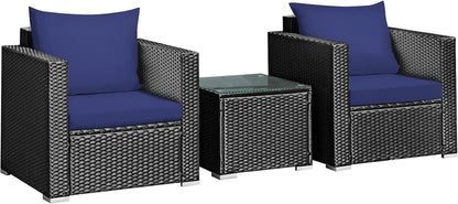 3 Pieces Patio Furniture Set, PE Rattan Wicker Sofa Set W/Washable Cushion and Tempered Glass Tabletop, Outdoor Conversation Furniture for Garden Poolside (Navy Blue)9
